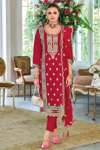 Red embroidered chinon kurta trouser dupatta set