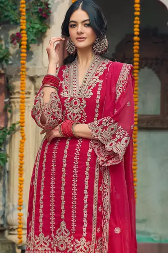 Red embroidered organza kurta trouser dupatta set