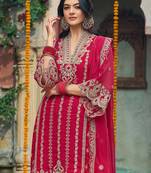 Red embroidered organza kurta trouser dupatta set