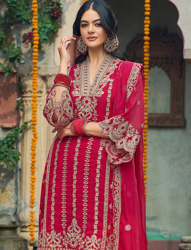 Red embroidered organza kurta trouser dupatta set