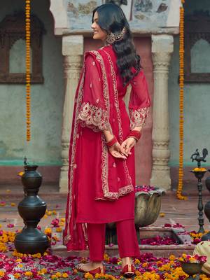 Red embroidered organza kurta trouser dupatta set 2