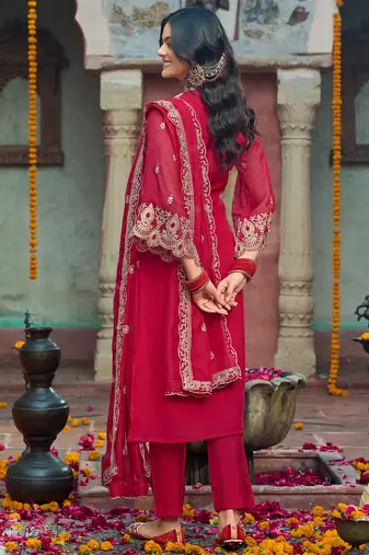 Red embroidered organza kurta trouser dupatta set