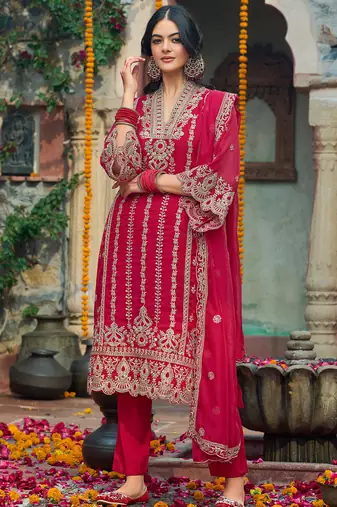 Red embroidered organza kurta trouser dupatta set