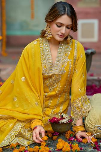 Yellow embroidered organza kurta trouser dupatta set