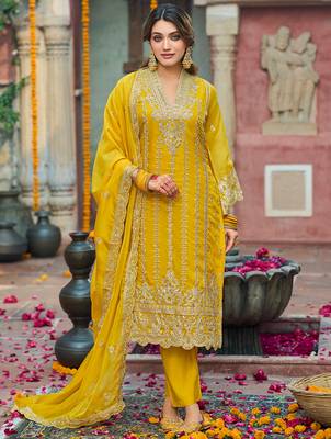 Yellow embroidered organza kurta trouser dupatta set 2