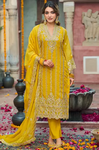 Yellow embroidered organza kurta trouser dupatta set