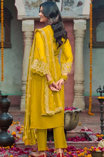 Yellow embroidered organza kurta trouser dupatta set