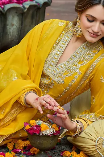 Yellow embroidered organza kurta trouser dupatta set