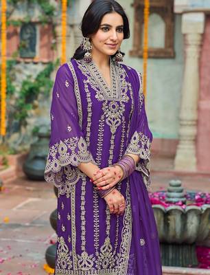 Purple embroidered organza kurta trouser dupatta set 1
