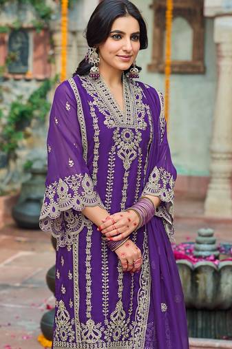 Purple embroidered organza kurta trouser dupatta set