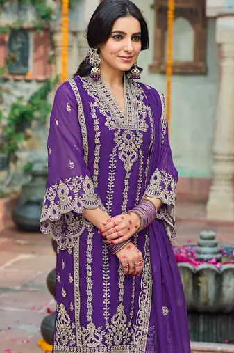 Purple embroidered organza kurta trouser dupatta set