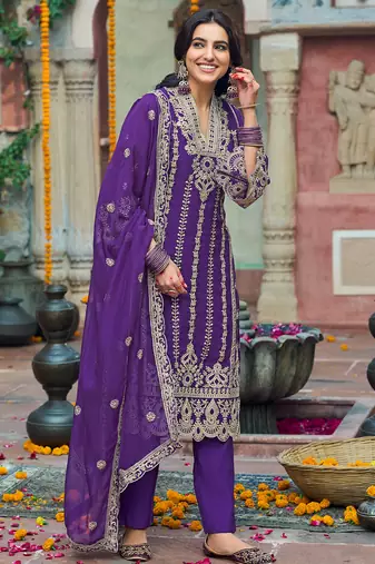 Purple embroidered organza kurta trouser dupatta set