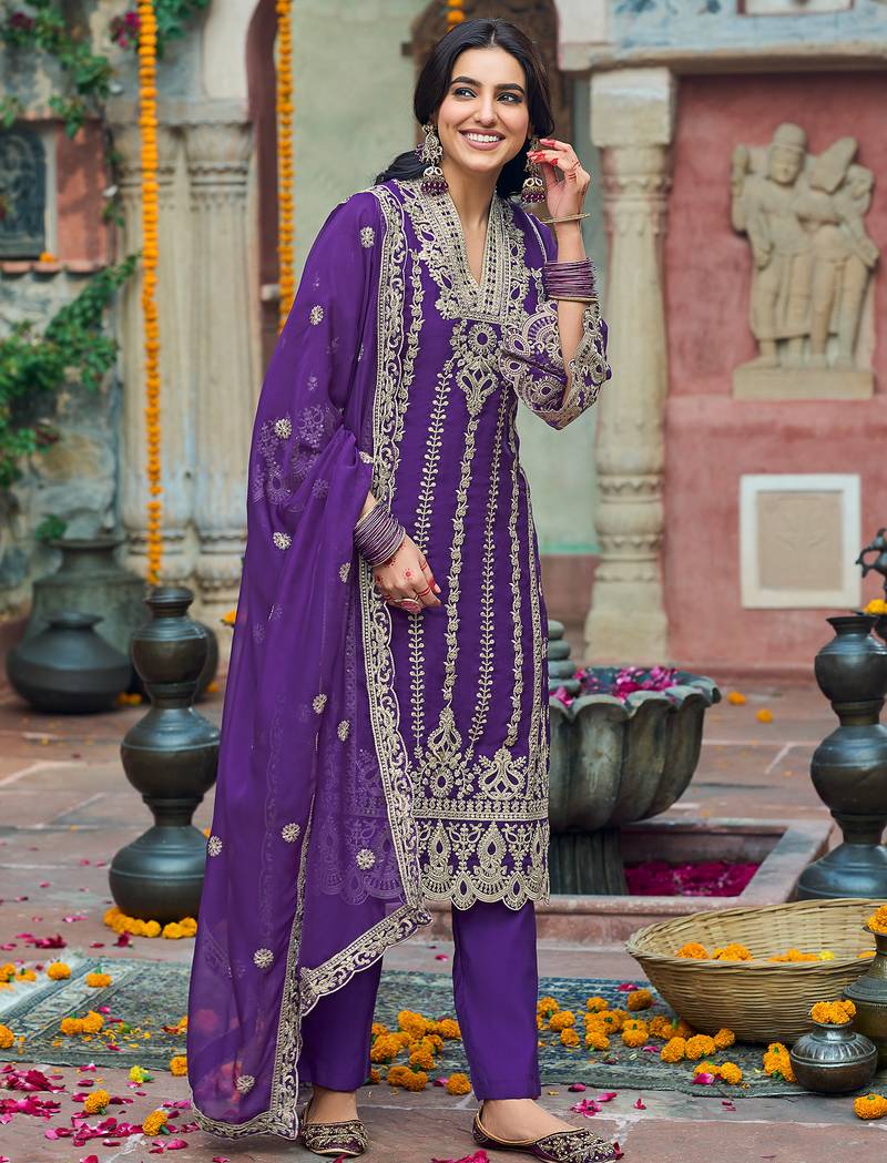 Purple embroidered organza kurta trouser dupatta set