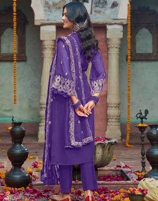 Purple embroidered organza kurta trouser dupatta set 3