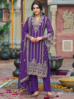Purple embroidered organza kurta trouser dupatta set 4