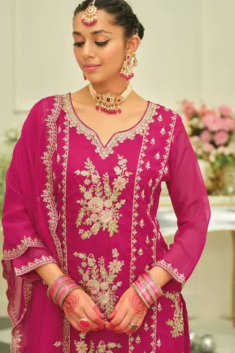 Pink embroidered organza kurta trouser dupatta set