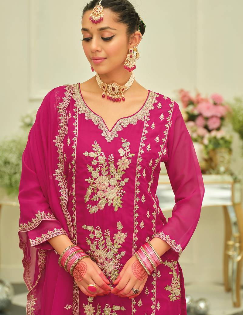 Pink embroidered organza kurta trouser dupatta set