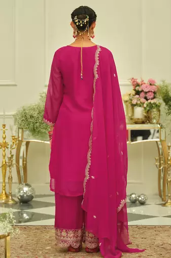 Pink embroidered organza kurta trouser dupatta set