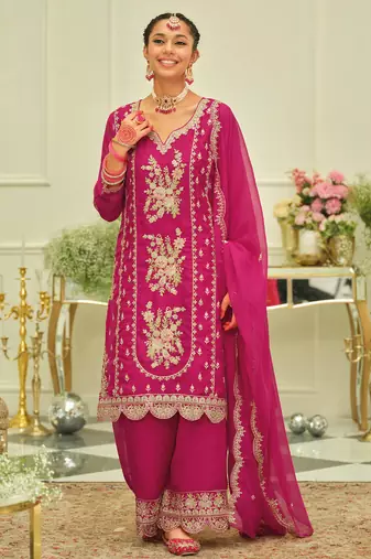 Pink embroidered organza kurta trouser dupatta set