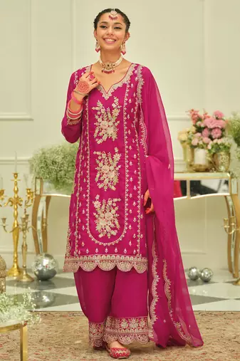 Pink embroidered organza kurta trouser dupatta set