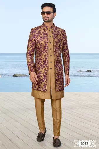 Baige sherwani with purple floral embroidery and matching trousers—perfect for weddings and celebrations.