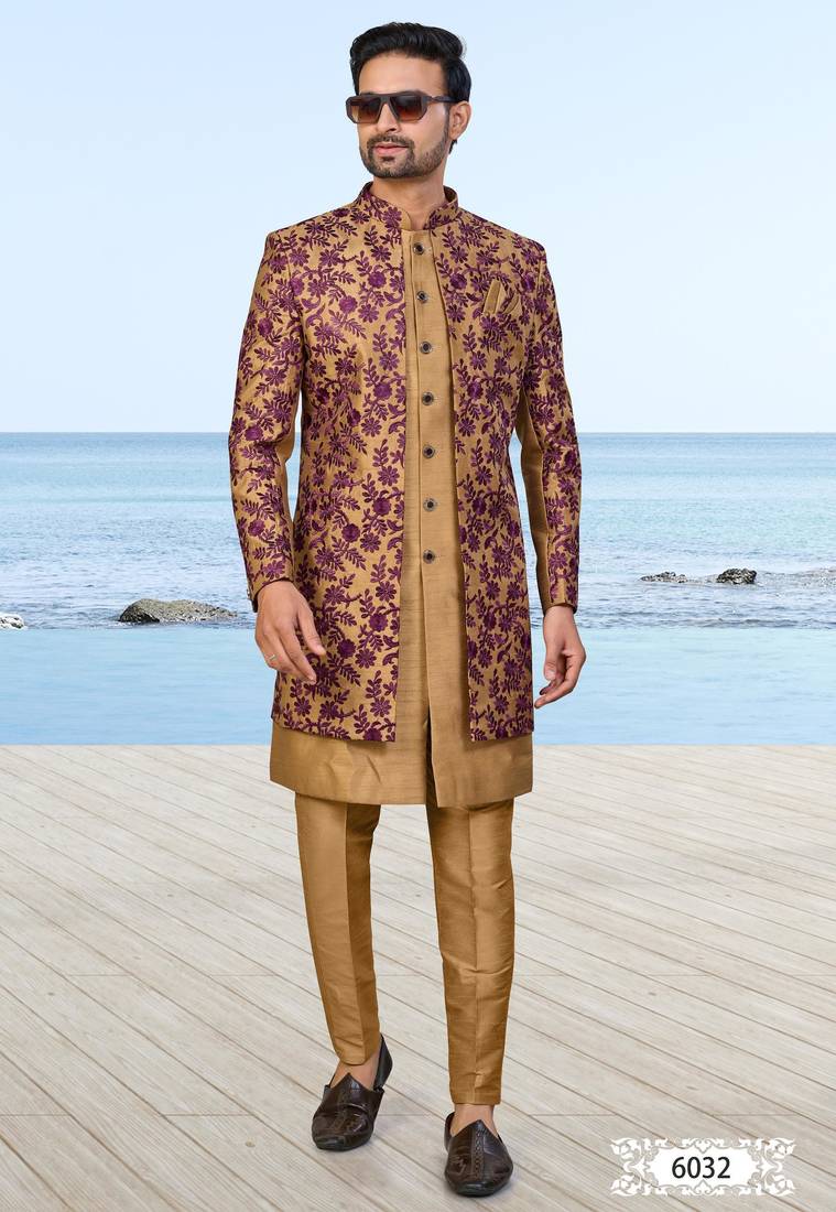 Baige sherwani with purple floral embroidery and matching trousers—perfect for weddings and celebrations.