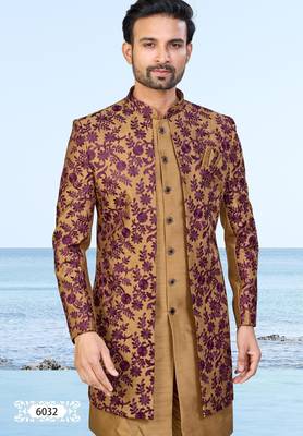 Baige sherwani with purple floral embroidery and matching trousers—perfect for weddings and celebrations. 3