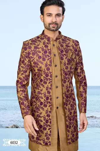 Baige sherwani with purple floral embroidery and matching trousers—perfect for weddings and celebrations.