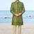 Olive green sherwani with gold detailing and cream trousers—ideal for celebrations.
