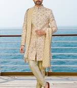 Fown colour sherwani with gold embroidery and matching trousers—perfect for weddings.