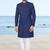 Navy blue sherwani with subtle texture, pocket square, and white trousers—ideal for weddings and formal events.