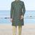 Green sherwani with geometric detailing, a pocket square, and gold-toned trousers—perfect for festive occasions.