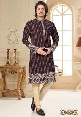 Coffee colour kurta with intricate floral embroidery and cream pajama—perfect for weddings and festive occasions. 1