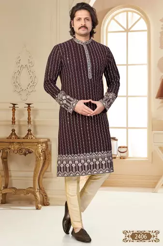 Coffee colour kurta with intricate floral embroidery and cream pajama—perfect for weddings and festive occasions.