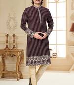 Coffee colour kurta with intricate floral embroidery and cream pajama—perfect for weddings and festive occasions.