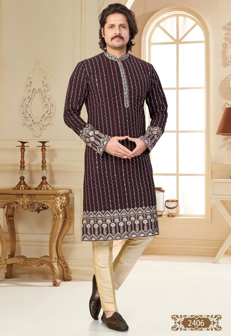 Coffee colour kurta with intricate floral embroidery and cream pajama—perfect for weddings and festive occasions.