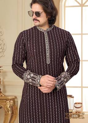 Coffee colour kurta with intricate floral embroidery and cream pajama—perfect for weddings and festive occasions. 3