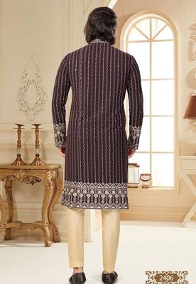 Coffee colour kurta with intricate floral embroidery and cream pajama—perfect for weddings and festive occasions. 4