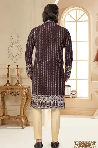Coffee colour kurta with intricate floral embroidery and cream pajama—perfect for weddings and festive occasions.
