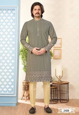 Olive green embroidered kurta with gold pajama—perfect for festive occasions. 1
