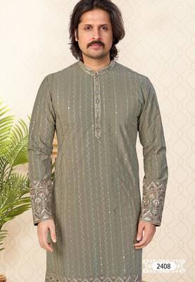 Olive green embroidered kurta with gold pajama—perfect for festive occasions. 3