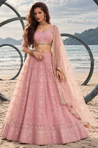 PINK  NET THREAD WITH ZARI AND SEQUINCE WORK FESTIVE LEHENGA CHOLI SET FOR WOMEN'S
