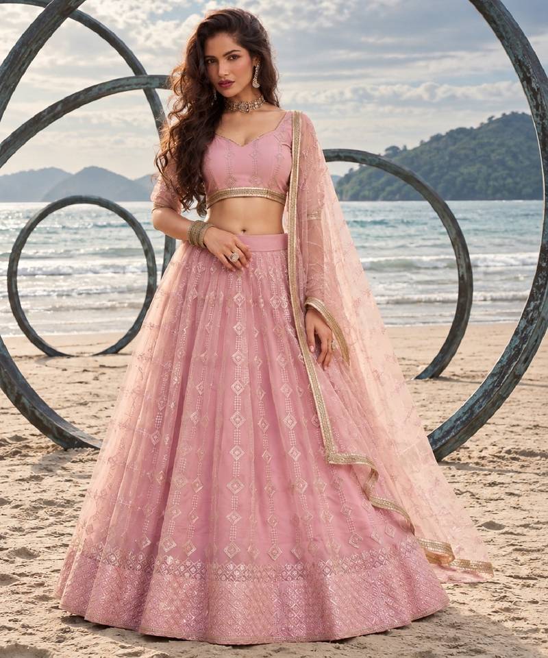 PINK  NET THREAD WITH ZARI AND SEQUINCE WORK FESTIVE LEHENGA CHOLI SET FOR WOMEN'S