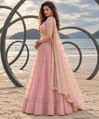 PINK  NET THREAD WITH ZARI AND SEQUINCE WORK FESTIVE LEHENGA CHOLI SET FOR WOMEN'S 3