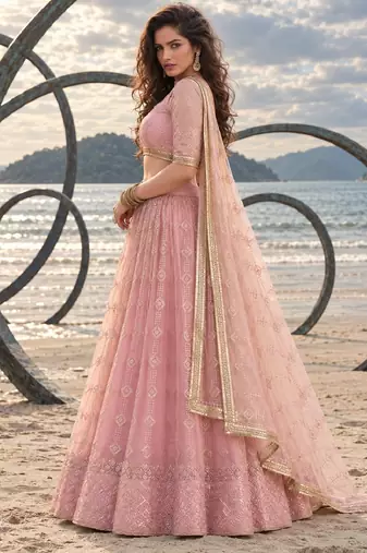 PINK  NET THREAD WITH ZARI AND SEQUINCE WORK FESTIVE LEHENGA CHOLI SET FOR WOMEN'S