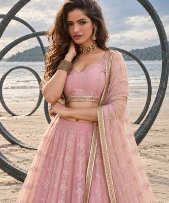 PINK  NET THREAD WITH ZARI AND SEQUINCE WORK FESTIVE LEHENGA CHOLI SET FOR WOMEN'S 5