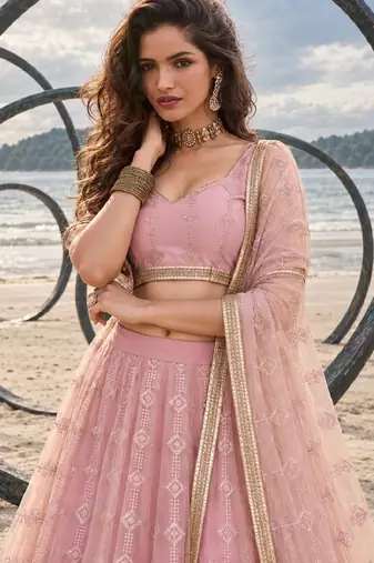 PINK  NET THREAD WITH ZARI AND SEQUINCE WORK FESTIVE LEHENGA CHOLI SET FOR WOMEN'S