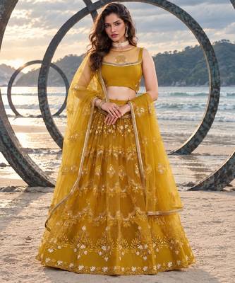 MUSTARD  NET THREAD WITH ZARI AND SEQUINCE WORK FESTIVE LEHENGA CHOLI SET FOR WOMEN'S 1
