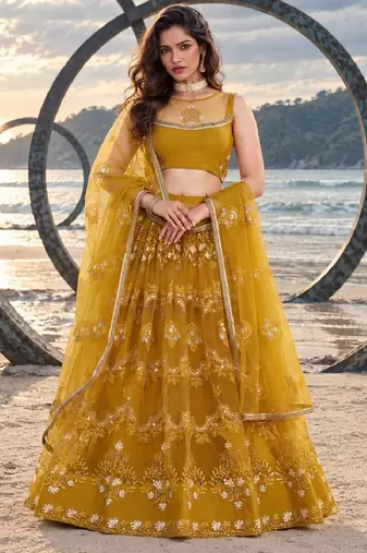 MUSTARD  NET THREAD WITH ZARI AND SEQUINCE WORK FESTIVE LEHENGA CHOLI SET FOR WOMEN'S