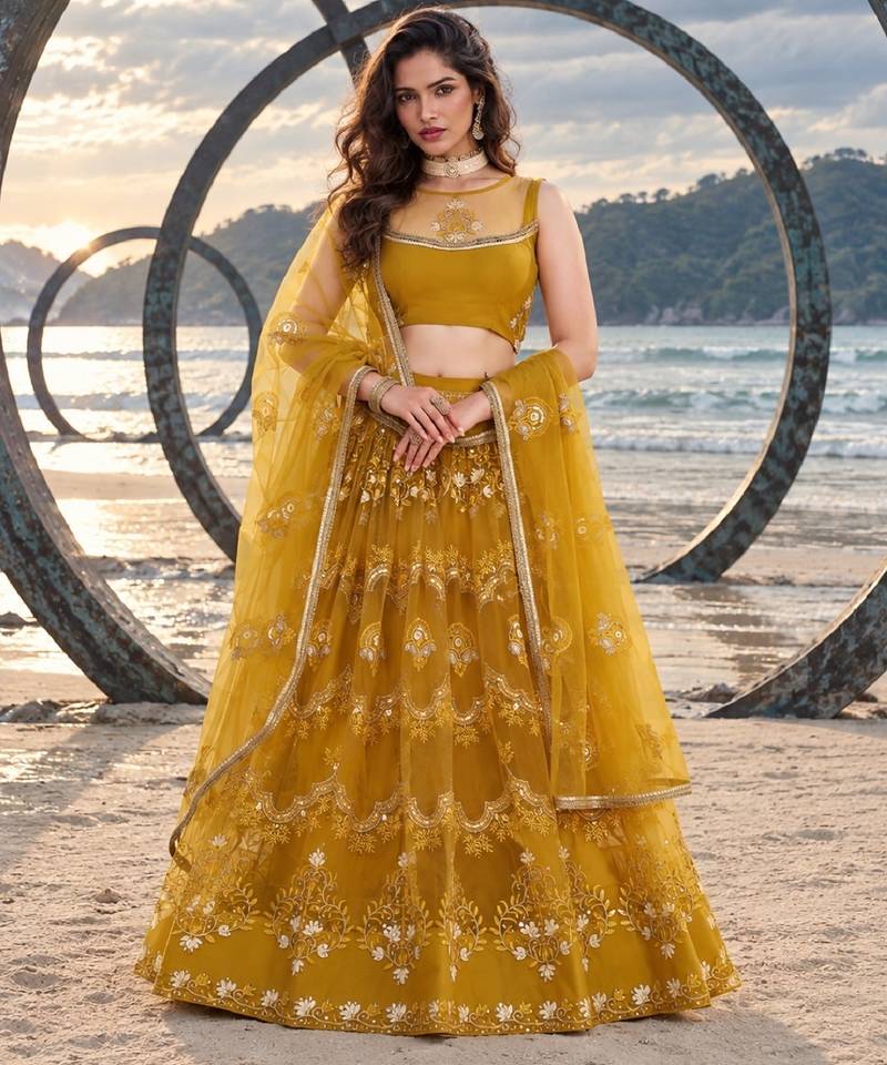 MUSTARD  NET THREAD WITH ZARI AND SEQUINCE WORK FESTIVE LEHENGA CHOLI SET FOR WOMEN'S